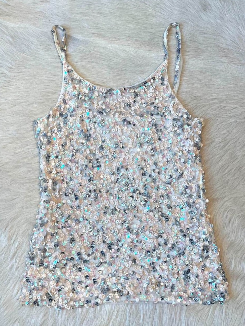 NWT Tell Vintage Deadstock Iridescent Silver Pearl Pink Sequin Cami Tank Top